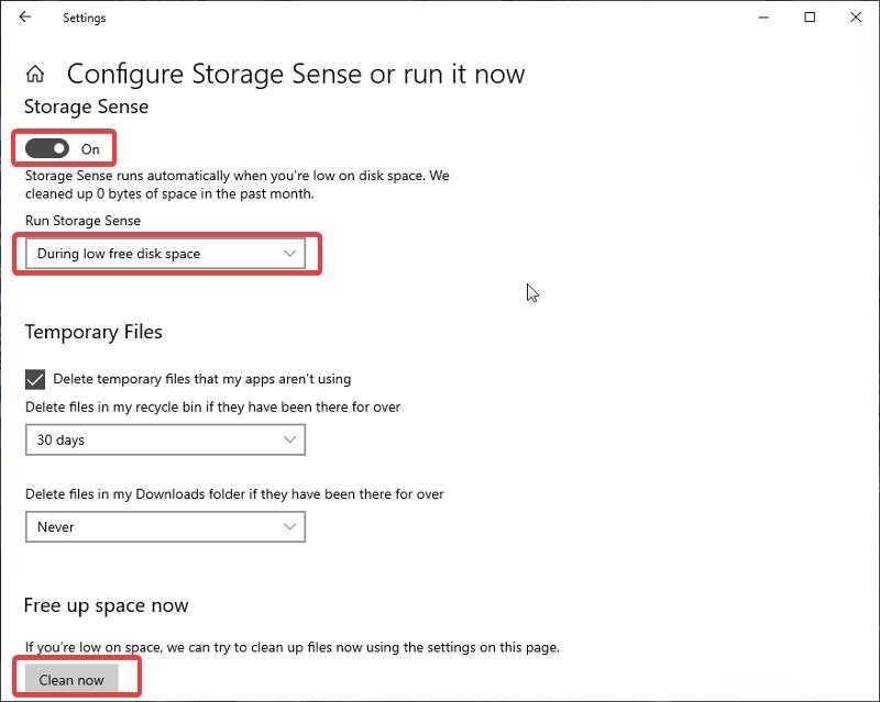 activate storage sense to free up space on windows computer