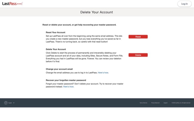 lastpass delete your account page