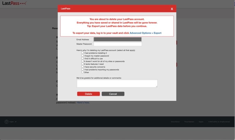 lastpass account deletion prompt