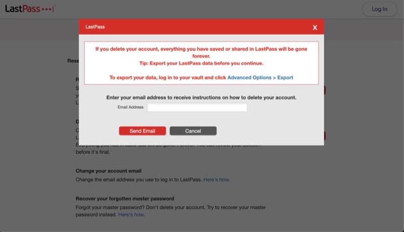 deleting lastpass account without master password
