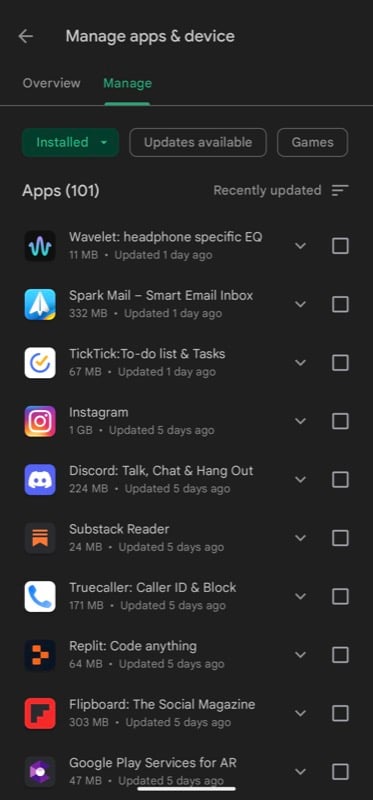 play store manage tab