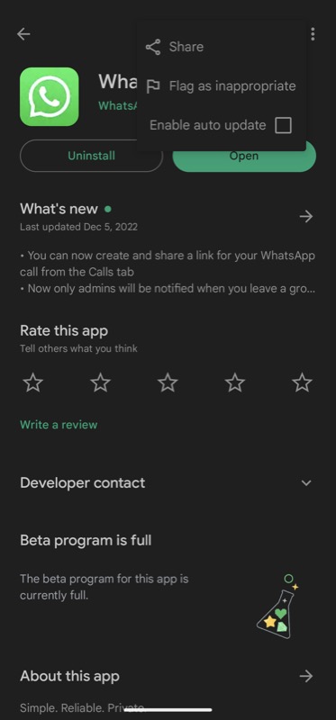 disabling auto-update for whatsapp on android