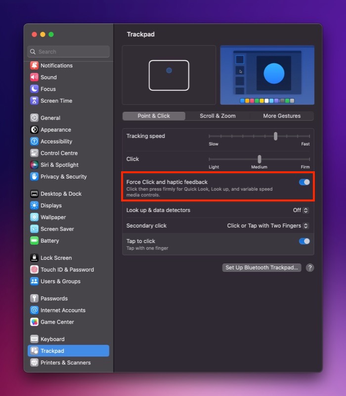 enabling force click and haptic feedback on mac