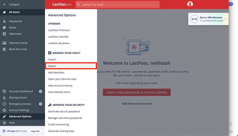 vault export option in lastpass