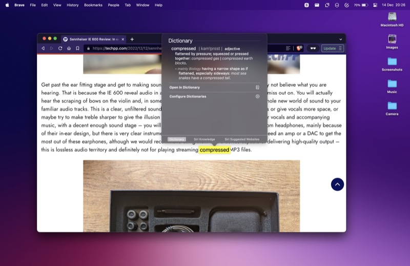 performing trackpad gesture to look up a word on mac