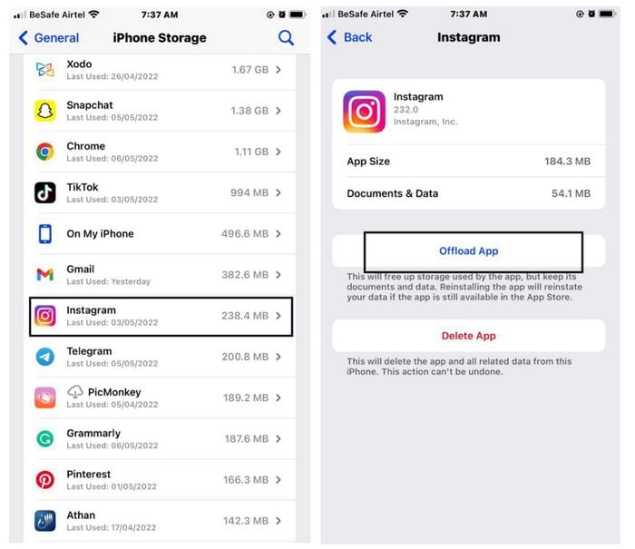instagram keeps logging me out- offload app