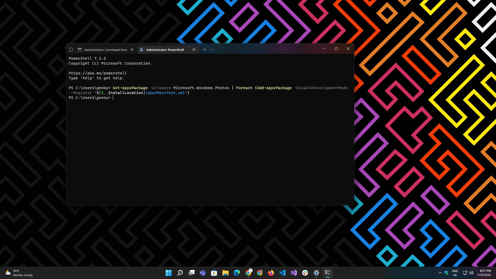 using powershell command to reinstall photos app