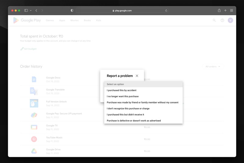 selecting a reason for reporting a purchase