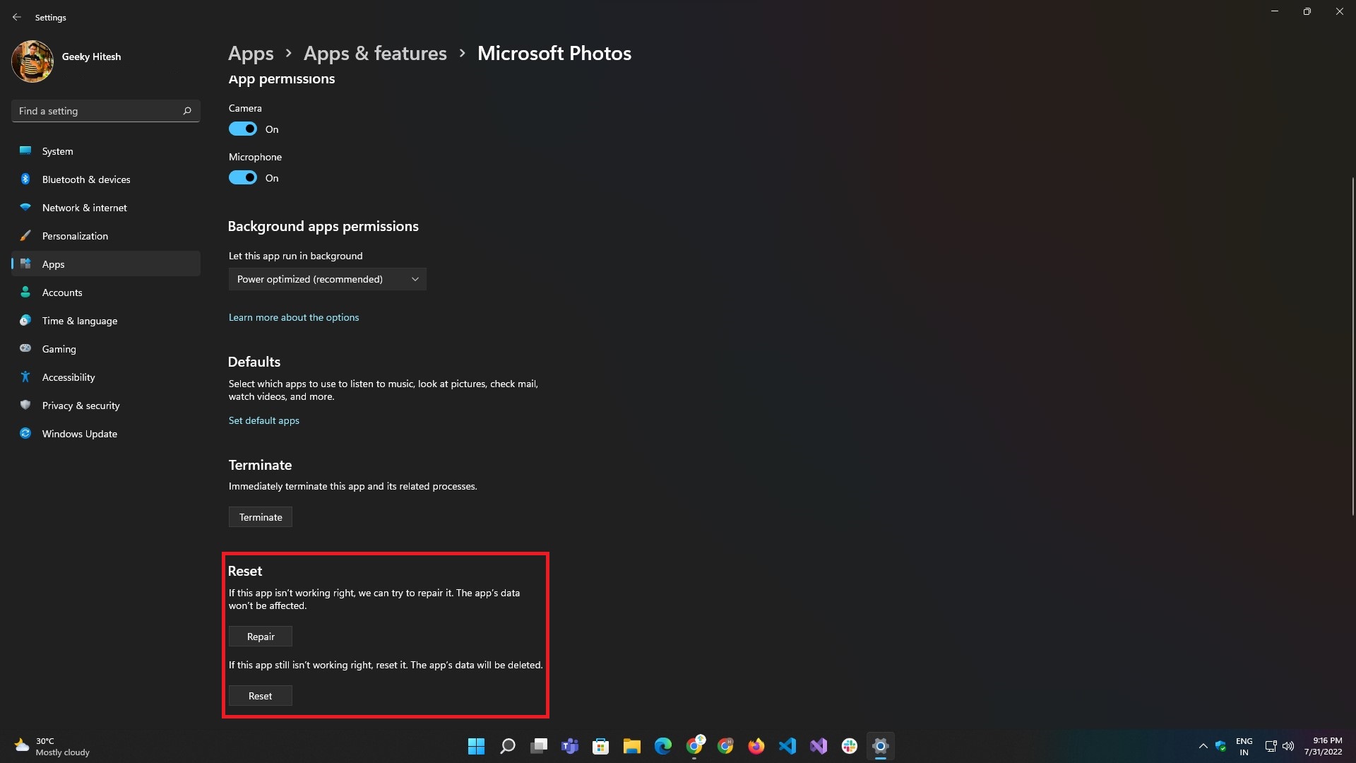 repair option in app settings ui
