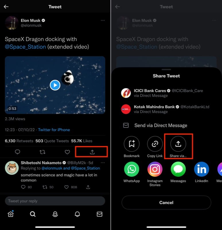 opening share menu on twitter to copy video url