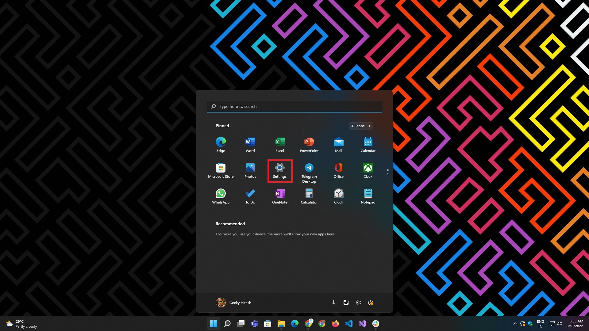 launching settings app from the start menu
