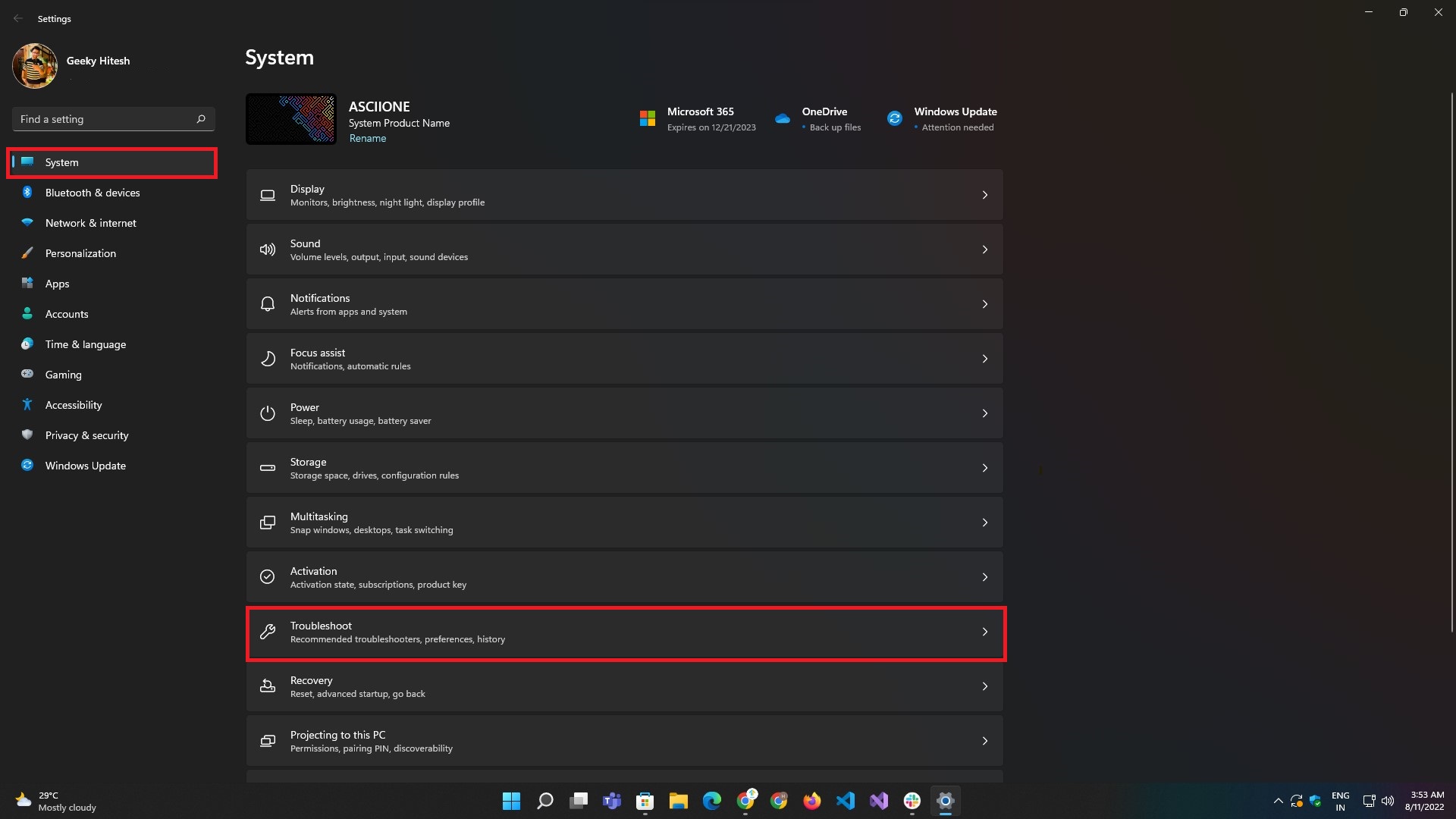troubleshoot options in settings app