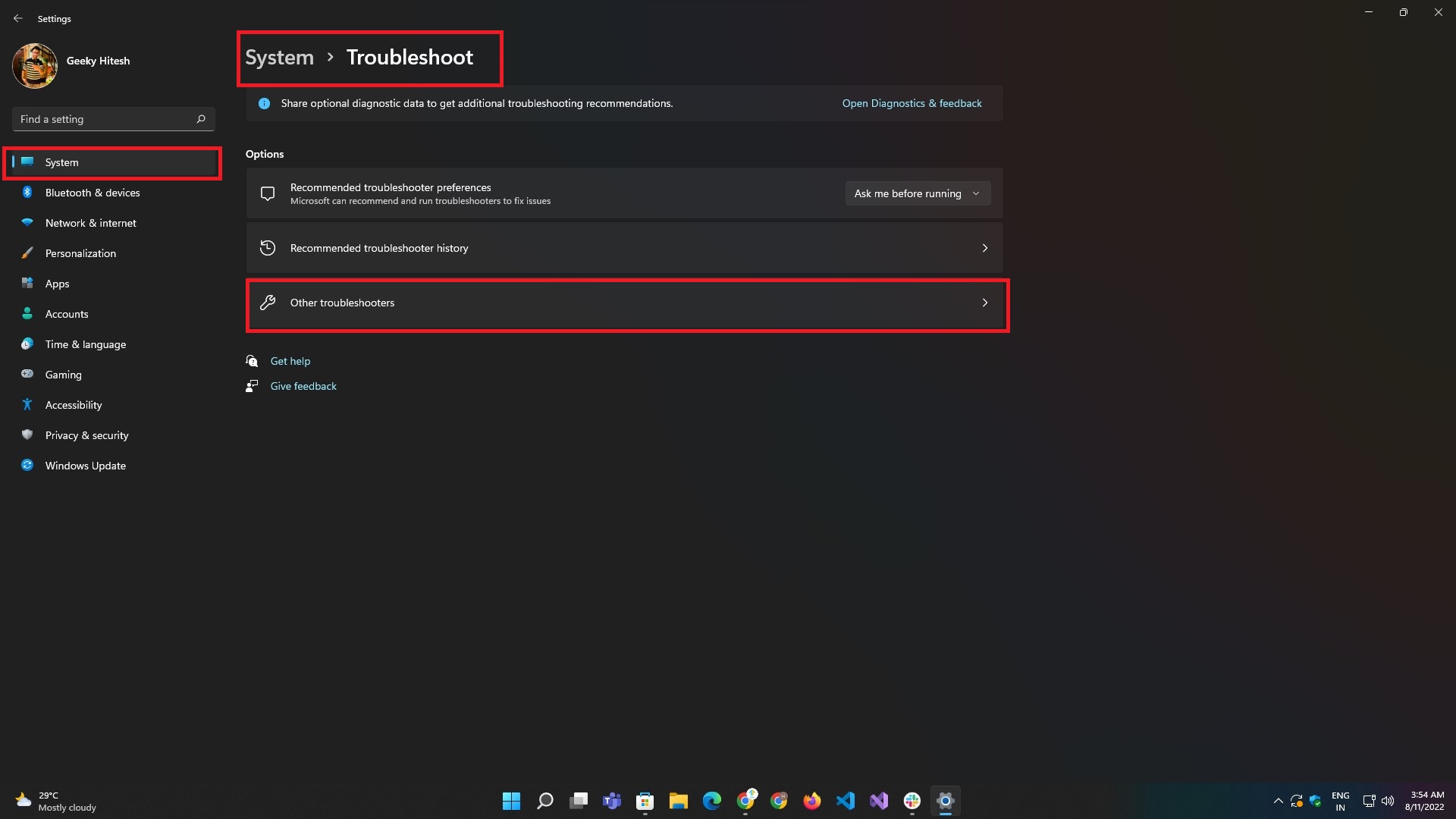 troubleshoot options in settings app