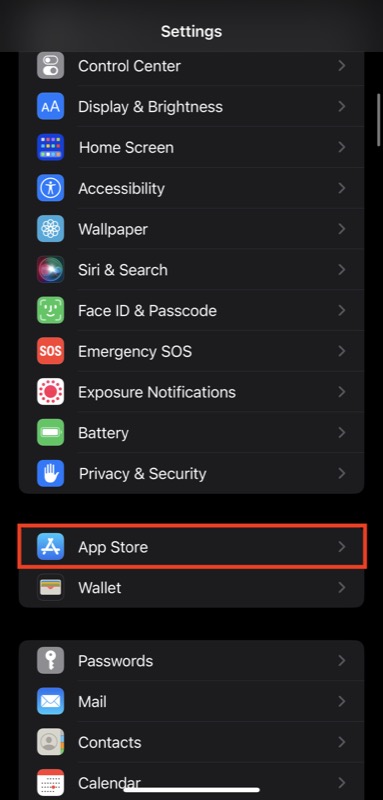 selecting app store on the iphone settings page