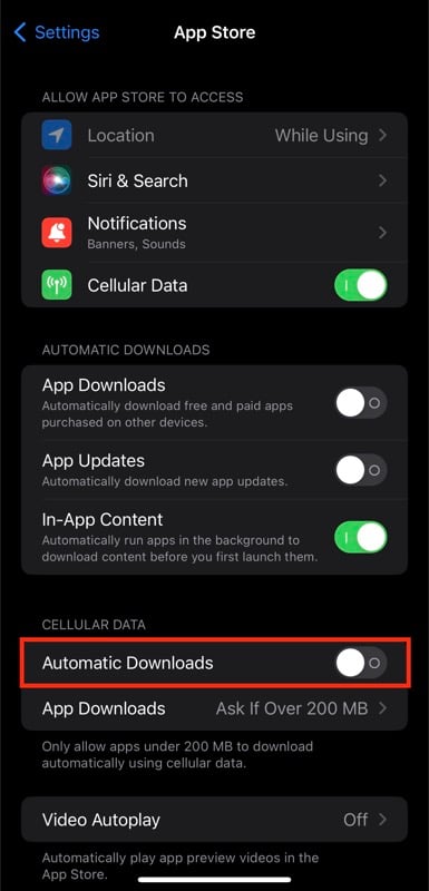 toggling off automatic updates for cellular data on iphone
